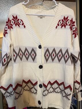 LOFT Cream Fair Isle Button-Up Cardigan with Red and Brown Accents